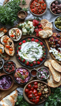 Delicious Italian Antipasto Spread with Cheese Dip, Crusty Bread, Bruschetta and Colorful Bowlsの素材
