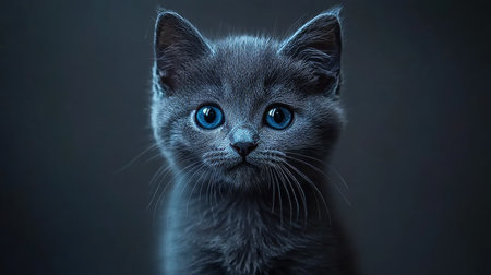 Enchanting Portrait of a Russian Blue Cat with Striking Bright Blue Eyes on a Soft Gray Backgroundの素材