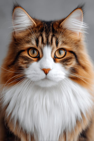 Majestic Maine Coon Cat Portrait with Striking Amber Eyes and Beautiful Fur Against Gray Backgroundの素材