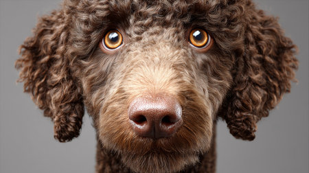 Sweet Gaze of a Playful Chocolate Poodle, Captivating Close-up Portrait Against a Soft Gray Backdropの素材