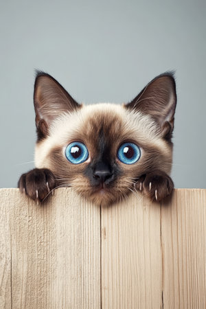 Adorable Burmese Kitten Peeking Over a Wooden Fence, Curious Cat with Big Blue Eyes, Cute Animal.の素材