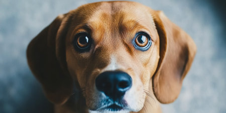 Charming Beagle Dog Portrait with Expressive Eyes, Innocent Look, and Soft Gray Backgroundの素材