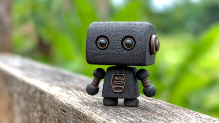 Conceptual Black Bot in Spring Park Showcasing Cute Tiny Sculptures and Miniature Artifacts Outdoorsの素材