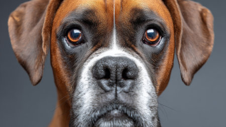 Handsome Boxer Champion with an Intense Gaze Cuddles a Loyal Dog with Brown Mottled Fur in Studioの素材