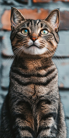Charming Portrait of a Tabby Cat with Silvery Gray Fur and Striking Green Eyes Against Brick Wallの素材
