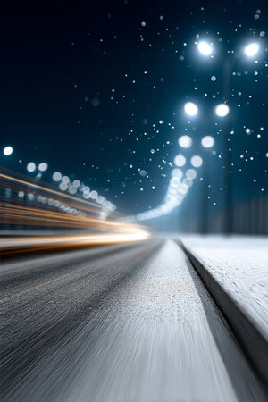 Nighttime Winter Driving on a Snowy Road with Blurry Lights from Fast-Moving Vehicles Aheadの素材