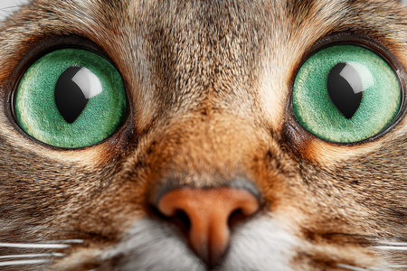 Close-Up Portrait of an Adorable Tabby Cat with Intense Green Eyes and a Charming Facial Expressionの素材