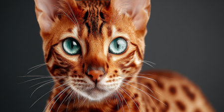 Ocichat Portrait with Turquoise Eyes and Unique Brown Marbling Patterns on Dark Backgroundの素材