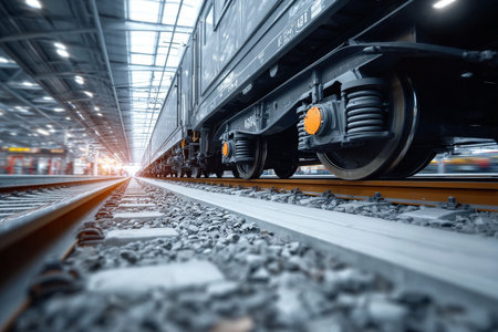 Close-Up of Train Wheel on Railroad Tracks at Modern Train Station, Highlighting Industrial Designの素材