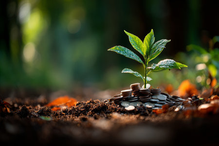 A Seedling Growing from a Stack of Coins, Symbolizing Financial Growth and Investment Successの素材