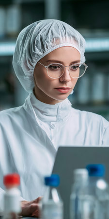 Female scientist analyzes complex scientific data with advanced technology and modern equipment.の素材