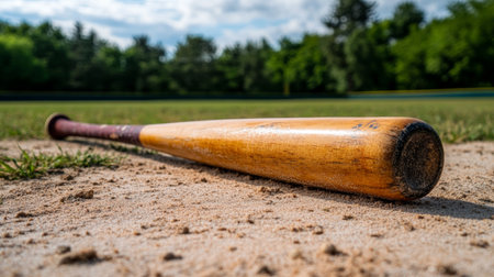 Worn and Used Baseball Bat Resting on Home Plate Surrounded by Gravel at a Local Baseball Fieldの素材