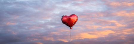 Heart-Shaped Helium Balloon Soaring Against a Soft Vanilla Sky Filled with Pink Fluffy Cloudsの素材