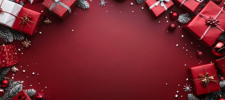 Festive Holiday Background with Red Christmas Gift Boxes and Snow for New Year Celebrations.の素材