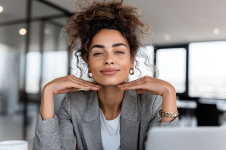 Confident young professional woman with curly hair and gold earrings in a relaxed office portrait.の素材