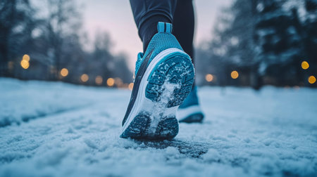A Peaceful Winter Landscape with Snow-Covered Pathway, Footprints, and Frosty Trees in Viewの素材
