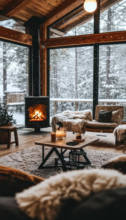 Cozy winter cabin interior with a crackling fireplace and scenic snowy views through large windowsの素材