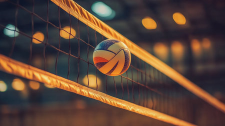 Dynamic Volleyball Action Moment Captured with a Colorful Ball, Players Engaged in Intense Game Playの素材