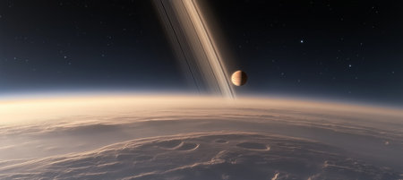Breathtaking Cosmic Dawn Over Saturn s Icy Rings, Moons, and the Distant Horizon Line in Spaceの素材