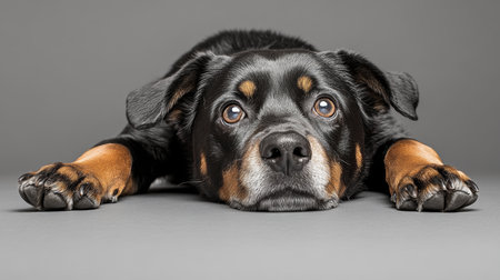 Charming Rottweiler with Expressive Eyes and Relaxed Expression on Soft Gray Backgroundの素材