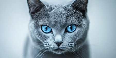 Charming Russian Blue Cat Portrait with Bright Blue Eyes, Cute Expression, on Clear White Backgroundの素材