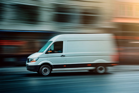 Urban Logistics and Efficient Delivery A White Delivery Van Speeding Through a Bustling City Streetの素材