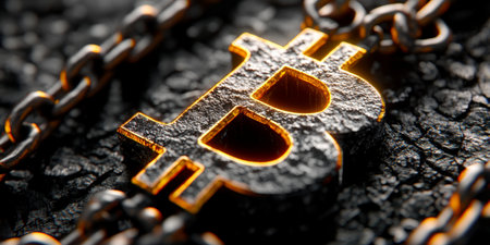Closeup of Bitcoin Gold Symbol on Dark Background Representing Blockchain Technology and Financeの素材