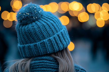 Cozy Girl Wearing a Warm Blue Winter Hat with Glitter Threads, Dreaming of Christmas Magic in Snowの素材