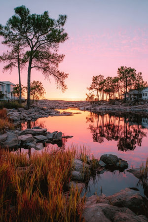 Beautiful Sunrise Over a Calm Lake Reflecting Trees and Clouds, Creating a Peaceful Atmosphereの素材