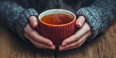 Warm Embrace of a Cozy Tea Mug on Rustic Wood Table, Perfect for a Peaceful Autumn Afternoonの素材