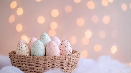 Delicate Speckled Easter Eggs in a Rustic Wicker Basket with a Soft Bokeh Background for Spring Joy.の素材