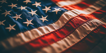 Iconic American Patriotism Star Embroidery on Azure Blue Background with Red-White Stripes Designの素材