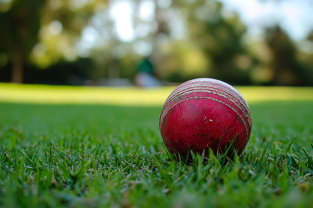 Crimson Cricket Ball on Lush Green Grass, Capturing the Essence of Passionate Sporting Traditionの素材