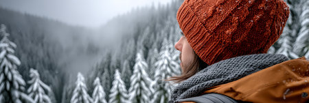 Brisk Winter Day A Person Exploring a Snow-Covered Forest, Enjoying Nature and the Outdoorsの素材