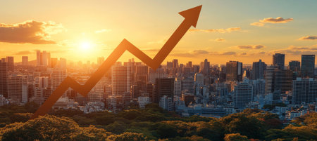 Golden arrow rises above a city skyline, symbolizing growth, success, and global opportunities.の素材