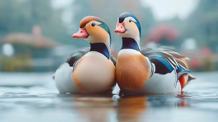 Graceful Mandarin Ducks Swimming on Calm Waters, Captured in Soft Morning Light for Serenityの素材