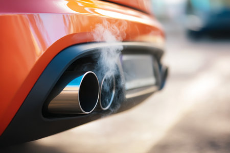 Polluted Orange Car Emission and Exhaust Gases Released from Tailpipe Contributing to Air Pollutionの素材