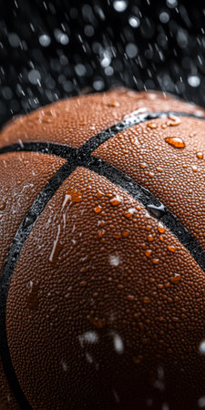 Dramatic Lighting and Coarse Textures Enhance Water Droplets on a Basketball During Outdoor Actionの素材