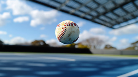 Eye-level Shot of a Baseball Soaring Through the Air in a Blurred Tennis Area with Beautiful Cloudsの素材