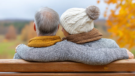 Senior couple enjoying a beautiful autumn day in the park, embracing with love and warmth together.の素材