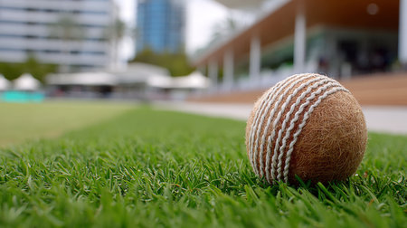 A cricket ball placed on a lush green grass field, ready for an exciting match in a stadiumの素材