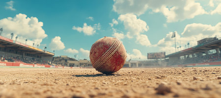 Worn Cricket Ball on Outdoor Pitch with Grandstand Spectators Under Bright Overcast Skyの素材