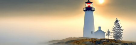 Majestic Coastal Beacon Guiding Sailboats Through Mist, Illuminating Serene Seaside Landscape.の素材