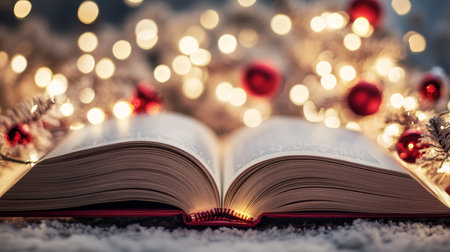 Charming Christmas Novel Surrounded by Colorful Decorations, Twinkling Lights, and Festive Cheerの素材