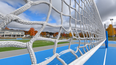 Vibrant Outdoor Volleyball Court Scene with Colorful Net, Clear Sky, and Athletic Equipment Nearbyの素材