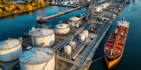 Aerial View of a Petroleum Processing Area Featuring Storage Tanks and Oil Tankers at Dockの素材