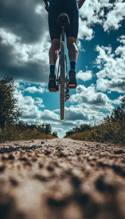 Cyclists Enjoying Gravel Bike Riding on a Scenic Rural Path Surrounded by Nature and Blue Skyの素材