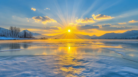 Beautiful Frozen Winter Landscape at Sunset with Sunburst Sky and Mountains Reflected in Lakeの素材