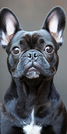 Captivating Portrait of a French Bulldog with Intense Gaze and Striking Features on Gray Backgroundの素材