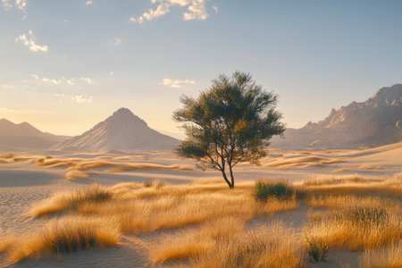 Stunning Desert Sunset with Solitary Tree Silhouette Against a Vibrant Golden Sky and Dunesの素材